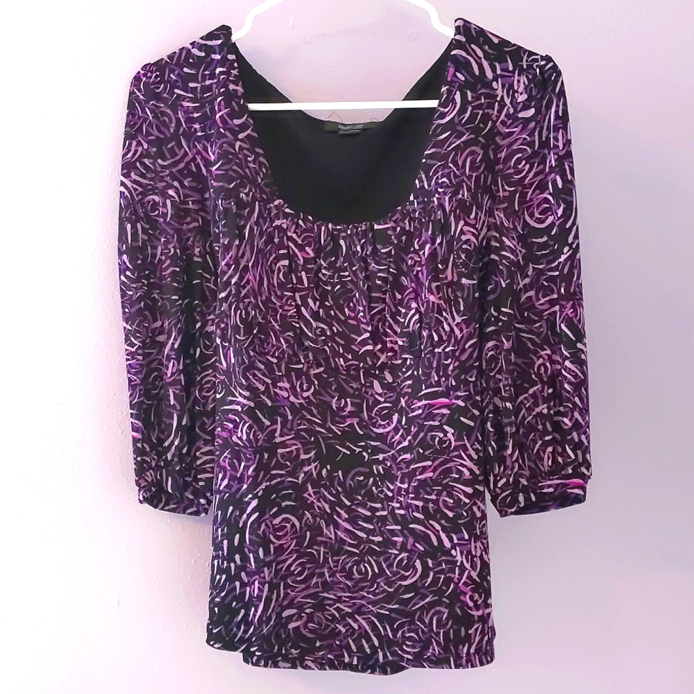 Style & Co blouse with purple swirl pattern M